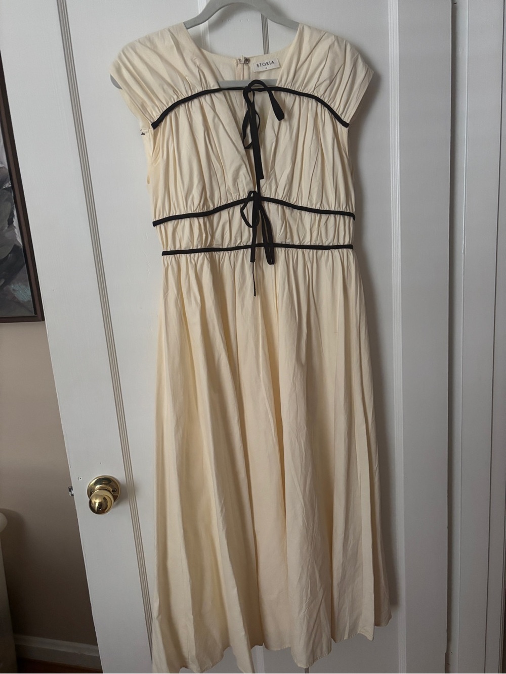 Storia Cream Maxi Dress with Black Trim and Ties
